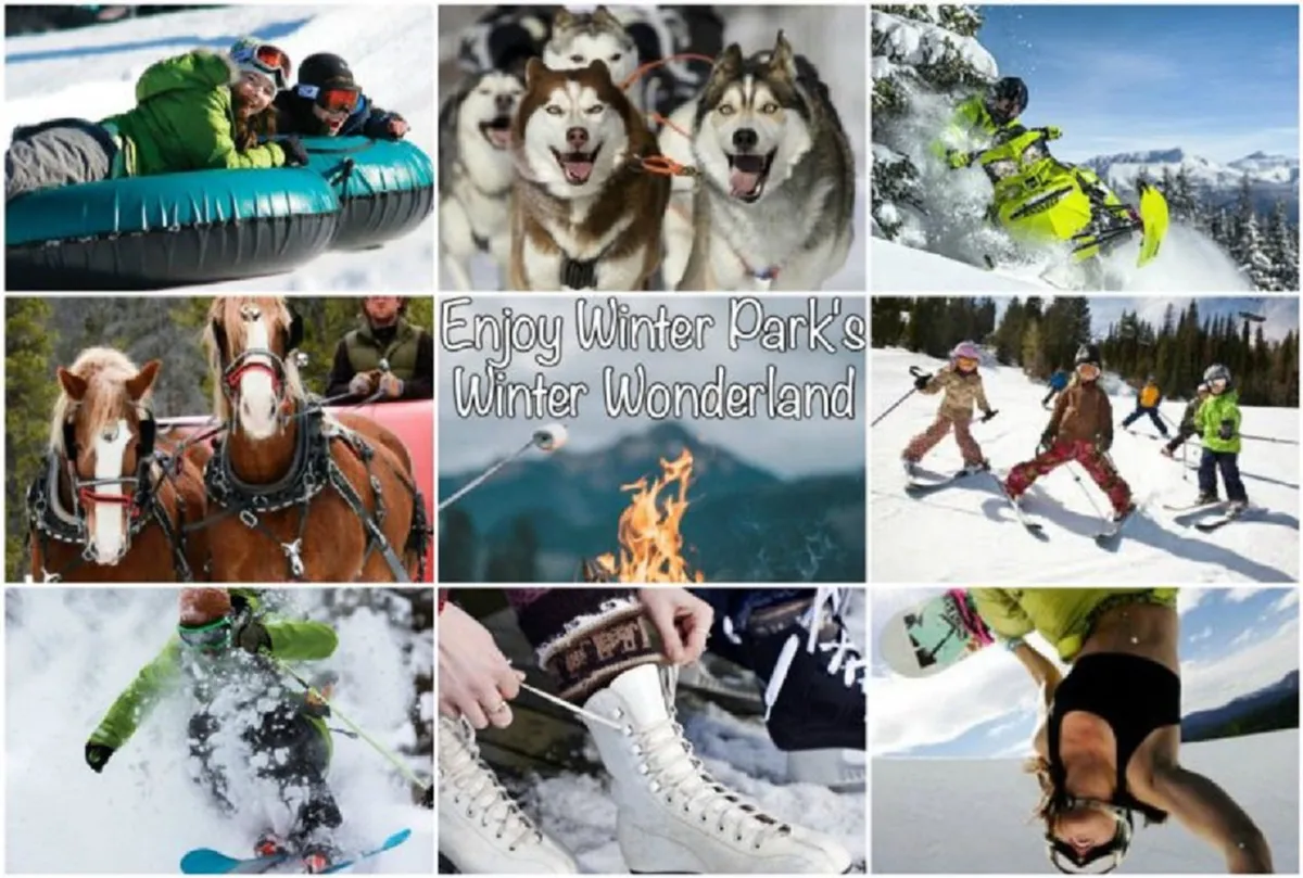 A lively winter scene featuring people tubing down snowy hills, snowmobiles ready for adventure, children playing in the snow, huskies for dog sledding, and a group gathered around a campfire. Skiers and skaters add to the energetic, communal winter atmosphere.