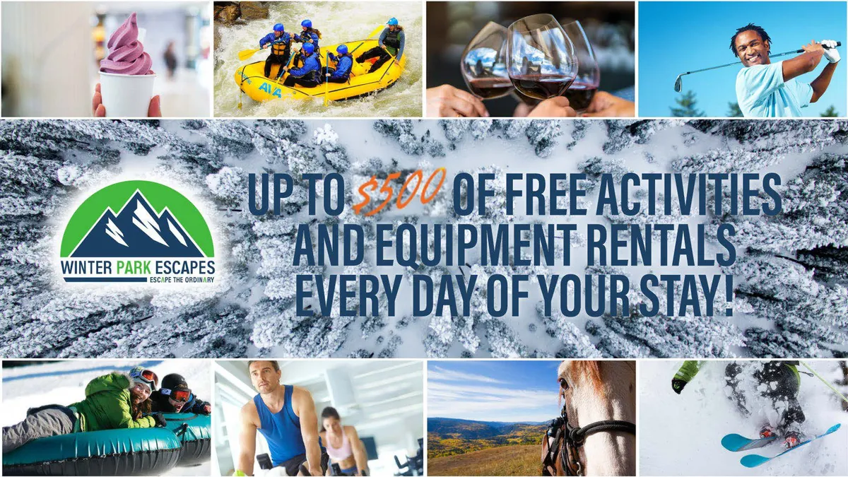 A vibrant collage showing guests engaging in white-water rafting, skiing, golfing, wine tasting, snow tubing, and horseback riding. It conveys the full spectrum of adventure and leisure activities available in the area, including both action and relaxation.