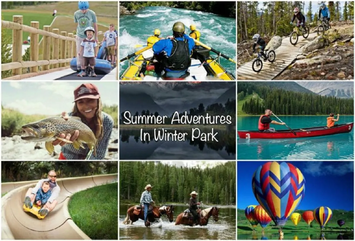 A vibrant summer adventure scene with families and children enjoying outdoor activities such as white-water rafting, mountain biking, horseback riding, fishing, kayaking, and colorful hot air balloons rising above rivers and mountain landscapes.